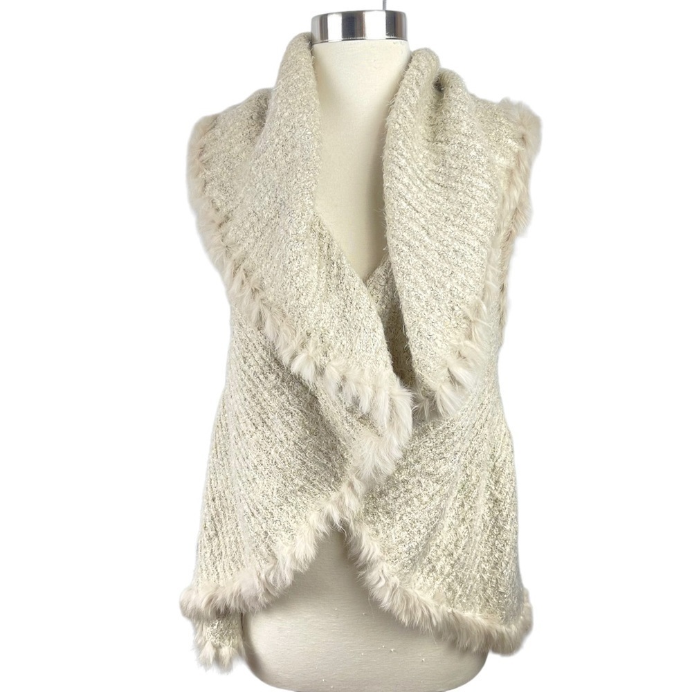 Metric‎ Knits Rabbit Trimmed Cream Knit Open Cardigan Vest Sweater S/M